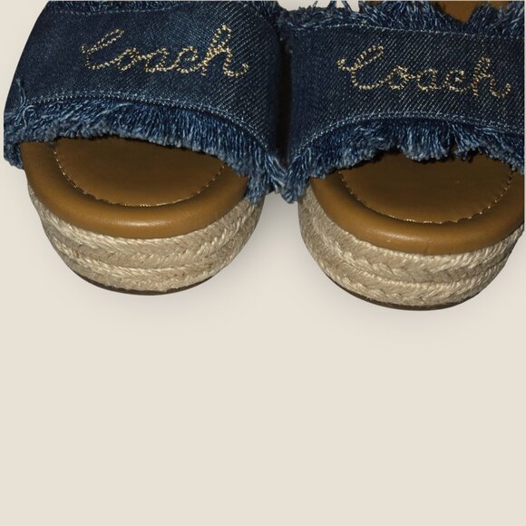 Coach Kelley Denim Espadrille Wedge Sandals - Tan Leather - Sz 6 - Picture 6 of 7